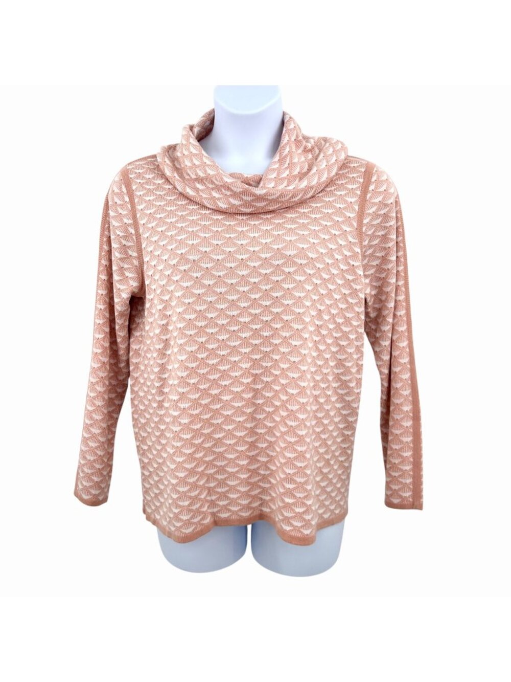 CALVIN KLEIN PEACH & WHITE GEOMETRIC KNIT COWL NECK SWEATER - L